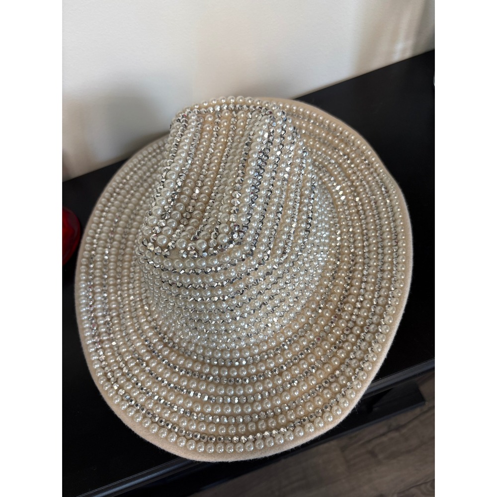 Cream Faux Pearl and Rhinestone Embellished Cowboy Bridal Hat Western Glam NEW - Picture 3 of 6
